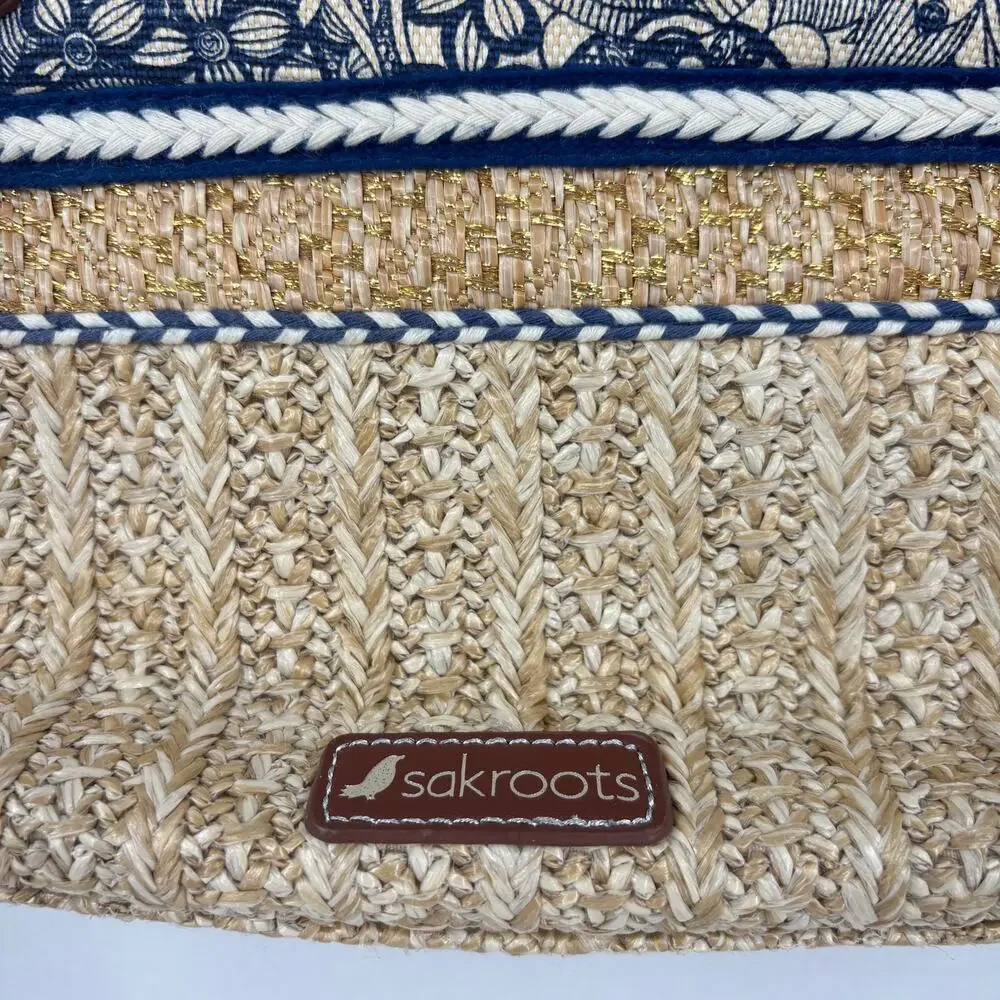 Sakroots Ellis Straw Satchel Shoulder Bag Blue Floral Boho Leather Trim Handbag - Picture 2 of 11